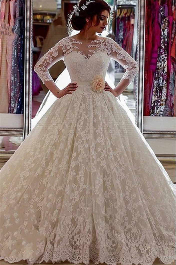 A-Line Long Sleeves Lace Wedding Dresses Bridal Gowns 903280