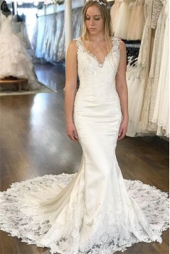 Mermaid Lace V Neck Long Wedding Dresses Bridal Gowns 903291