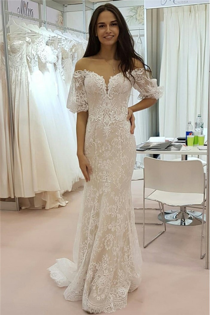Mermaid Lace Wedding Dresses Bridal Gowns with Short Sleeves 903294