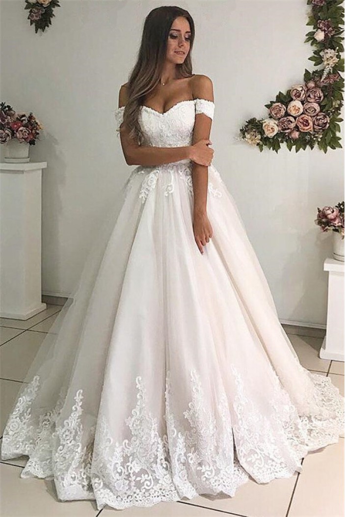 A-Line Lace Off the Shoulder Wedding Dresses Bridal Gowns 903301