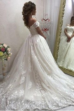 A-Line Lace and Tulle Off the Shoulder Wedding Dresses Bridal Gowns 903307