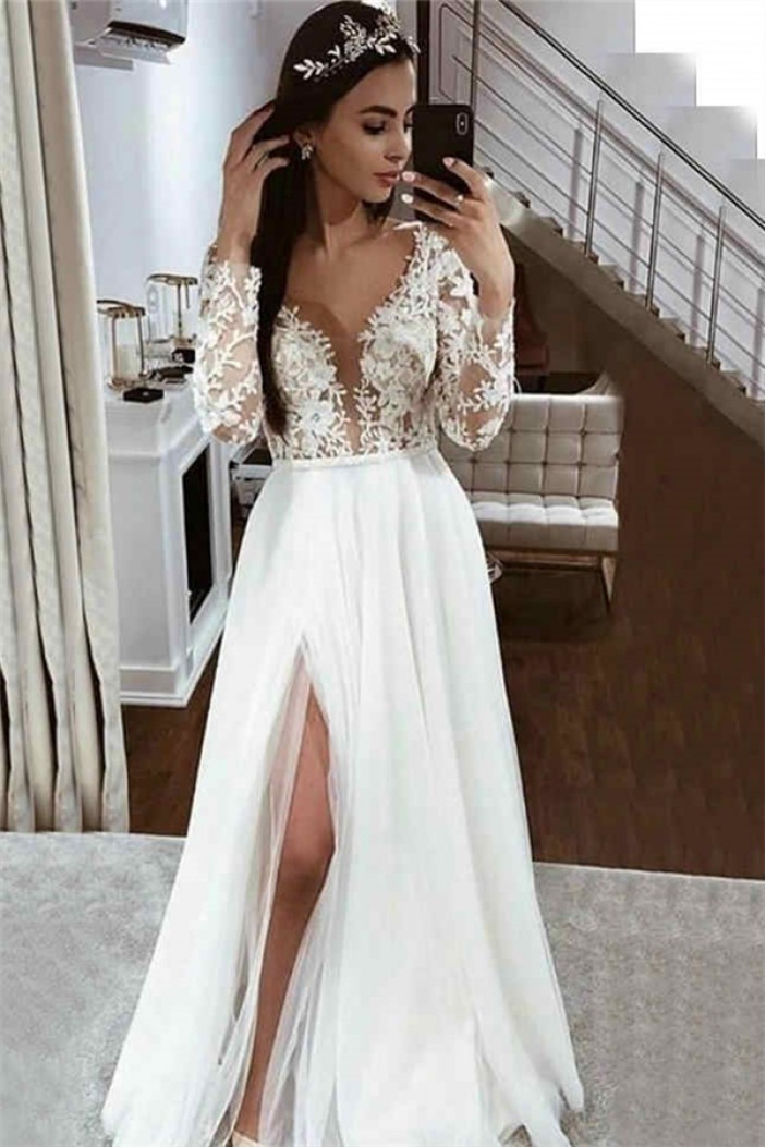 A-Line Lace Long Sleeves Wedding Dresses Bridal Gowns 903319