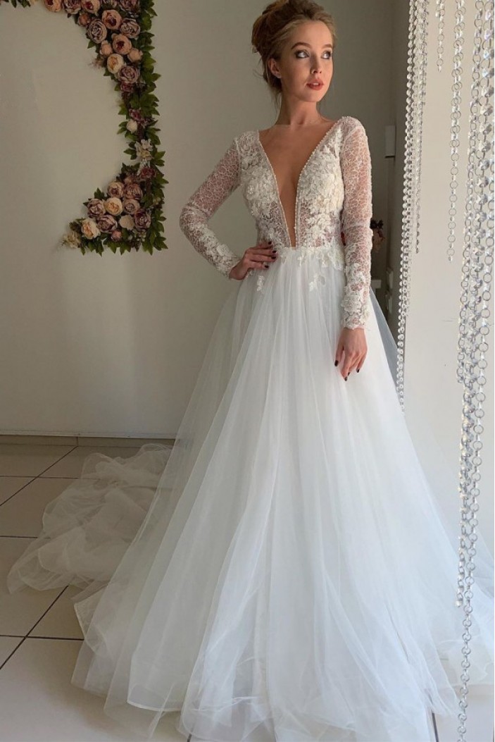 A-Line Lace and Tulle Long Sleeves Wedding Dresses Bridal Gowns 903329