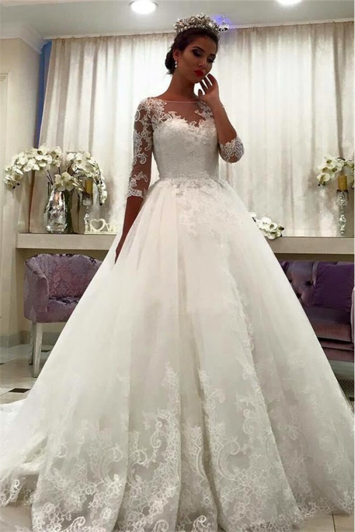 A-Line Lace Wedding Dresses Bridal Gowns with Long Sleeves 903342