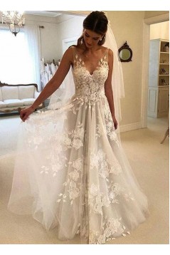 A-Line Lace V Neck Wedding Dresses Bridal Gowns 903352