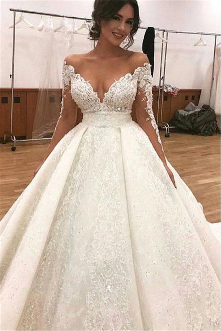 A-Line Lace Long Sleeves Wedding Dresses Bridal Gowns 903354