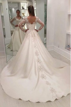 A-Line Lace Long Sleeves V Neck Wedding Dresses Bridal Gowns 903363