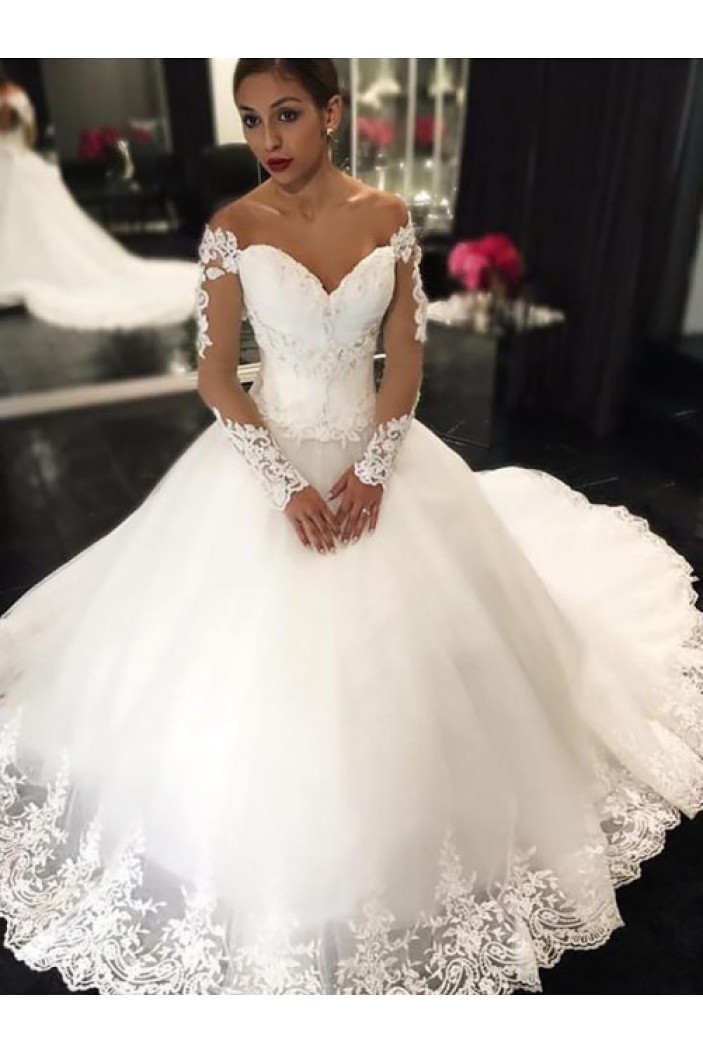 A-Line Lace Long Sleeves Off the Shoulder Wedding Dresses Bridal Gowns 903375