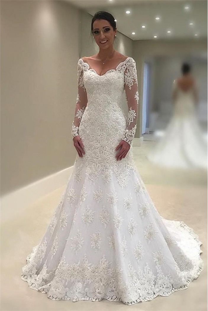 A-Line Lace Long Sleeves Wedding Dresses Bridal Gowns 903386