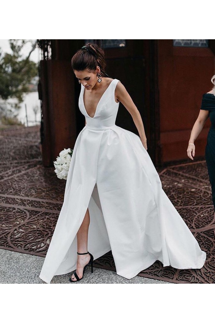 A-Line Long Satin V Neck Wedding Dresses Bridal Gowns 903407