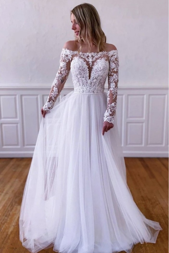 A-Line Lace and Tulle Long Sleeves Wedding Dresses Bridal Gowns 903457