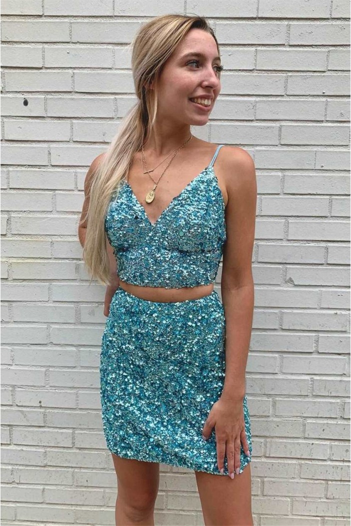 Short/Mini Blue Two Pieces Sequins Tight Prom Dresses Homecoming Dresses 904049