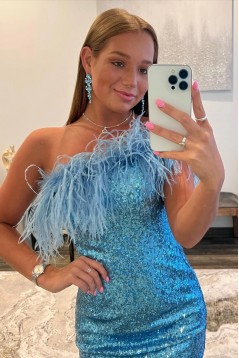 Short/Mini Blue One Shoulder Prom Dresses Homecoming Dresses with Feathers 904051