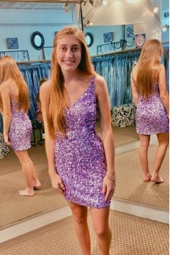 Short/Mini Purple V Neck Sequins Prom Dresses Homecoming Dresses 904057