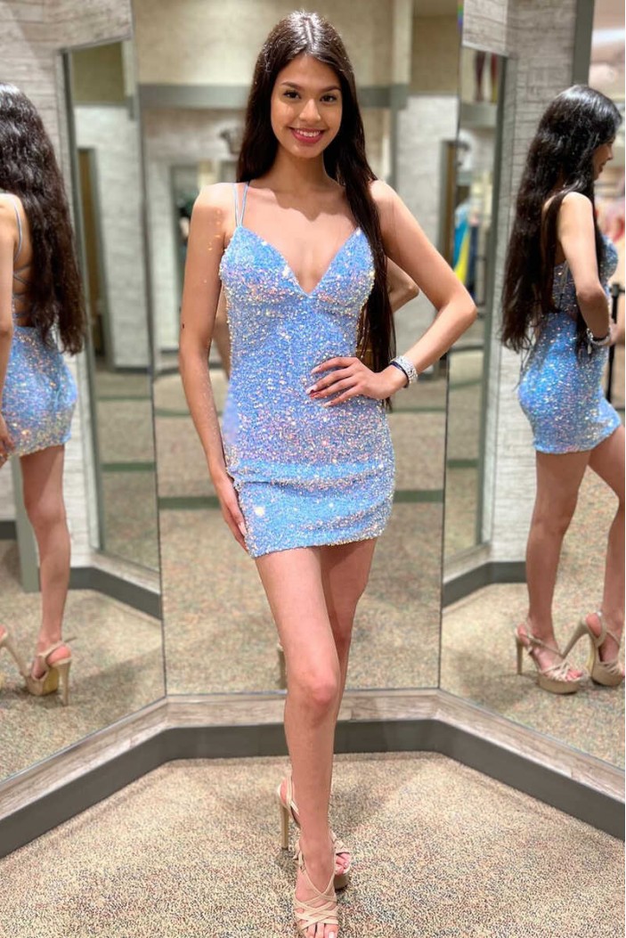 Short/Mini Blue V Neck Sequins Prom Dresses Homecoming Dresses 904076