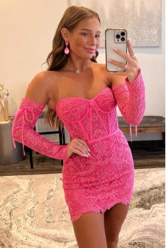 Short/Mini Fuchsia Lace Corset Prom Dresses Homecoming Dresses with Sleeves 904105
