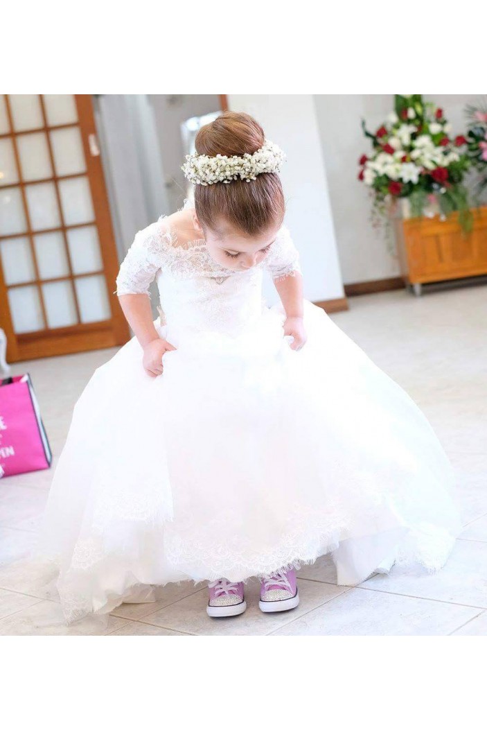 Lace and Tulle Floor-Length Flower Girl Dresses with Sleeves 905003