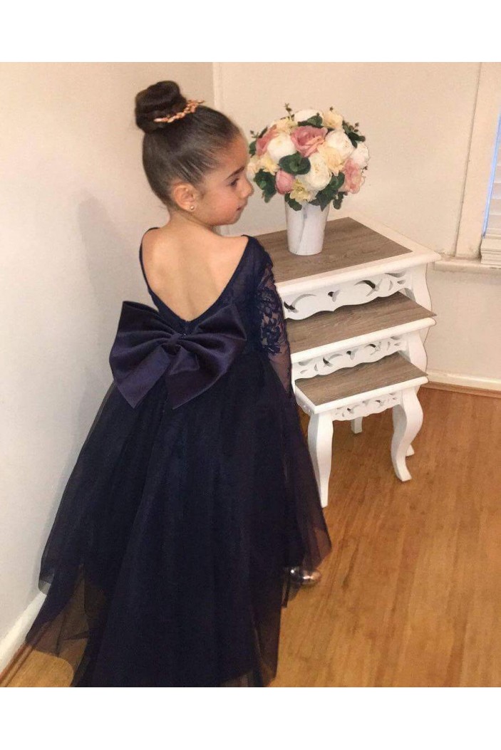 Lace and Tulle Long Sleeves Navy Blue Floor-Length Flower Girl Dresses 905004