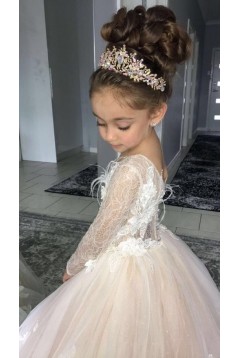 A-Line Lace and Tulle Long Sleeves Floor-Length Flower Girl Dresses 905008