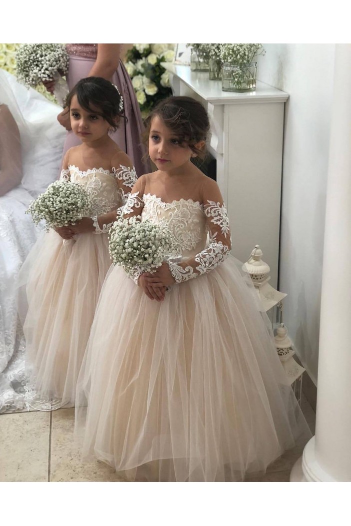 Cute Lace and Tulle Long Sleeves Flower Girl Dresses 905016