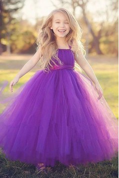 Cute Floor Length Purple Tulle Flower Girl Dresses 905030