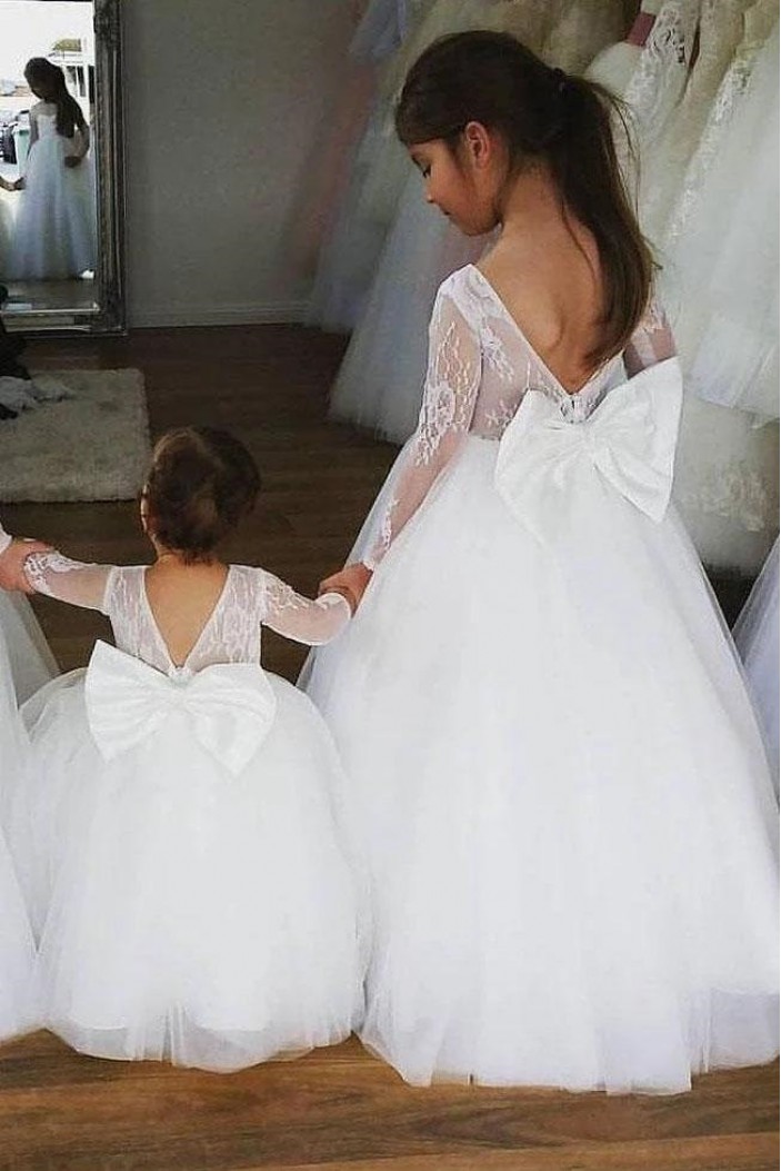 Lace and Tulle Long Sleeves Flower Girl Dresses 905034