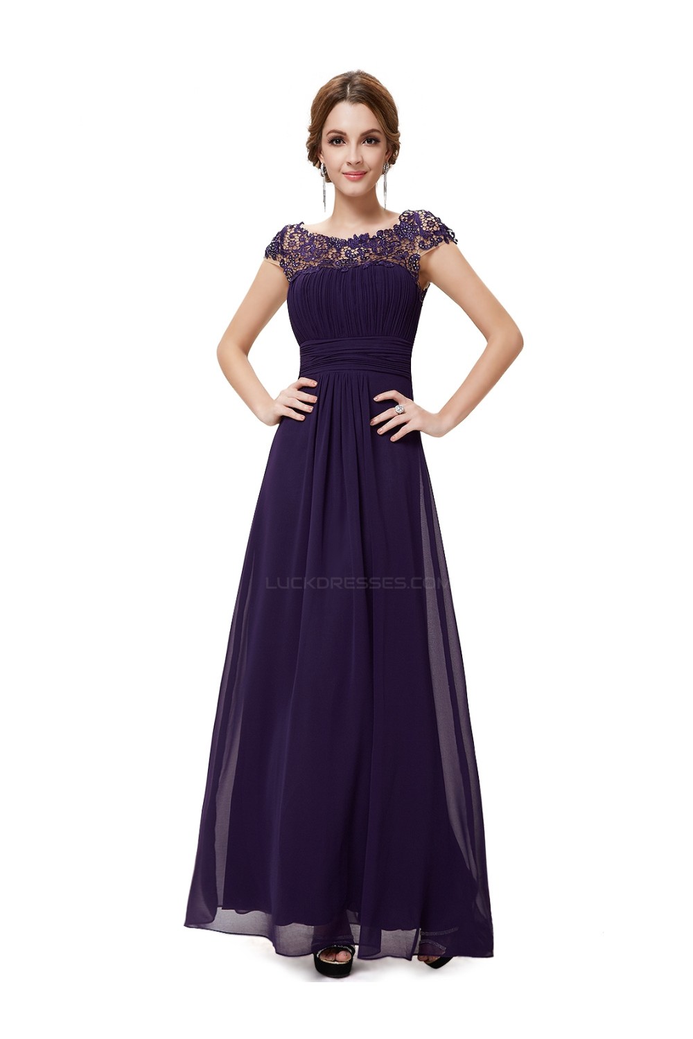 ALine CapSleeve Long Purple Chiffon Bridesmaid Dresses