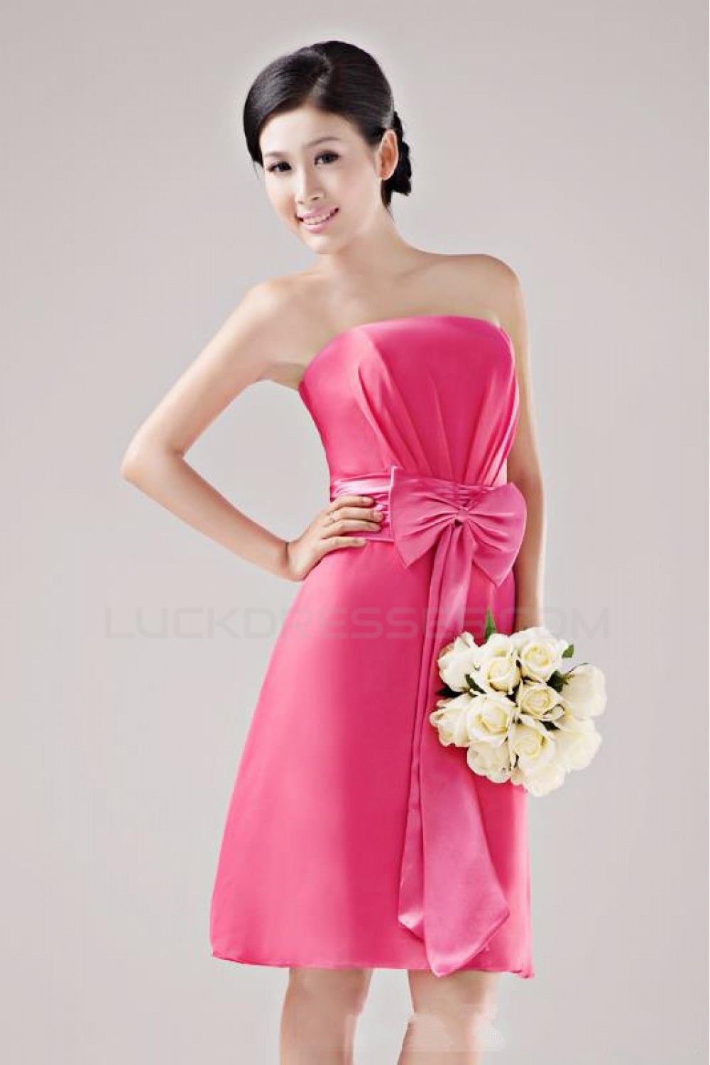 A-Line Strapless Short Hot Pink Bridesmaid Dresses/Wedding Party ...