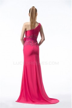 Sheath One-Shoulder Hot Pink Beaded Long Chiffon Bridesmaid Dresses/Evening Dresses BD010315