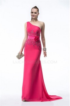 Sheath One-Shoulder Hot Pink Beaded Long Chiffon Bridesmaid Dresses/Evening Dresses BD010315