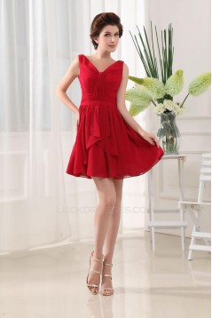 A-Line Short V-Neck Red Chiffon Bridesmaid Dresses/Wedding Party Dresses BD010368