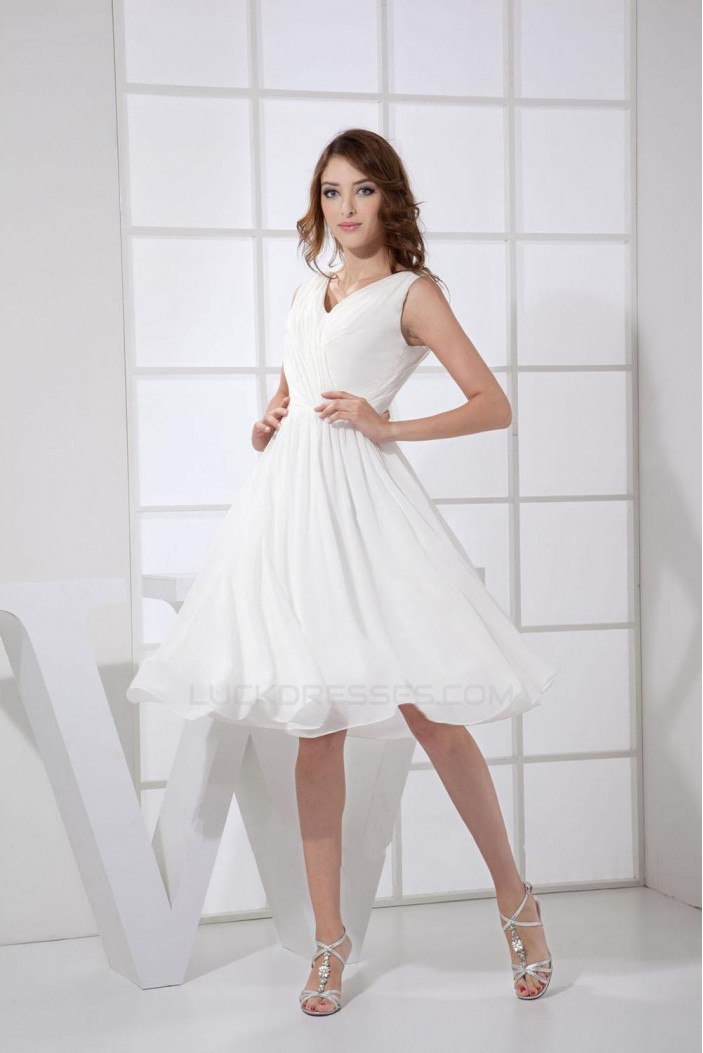 A-Line V-Neck Short White Chiffon Bridesmaid Dresses/Wedding Party Dresses BD010376