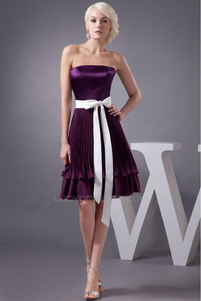 A-Line Strapless Pleated Purple Knee-Length Bridesmaid Dresses/Wedding Party Dresses BD010412