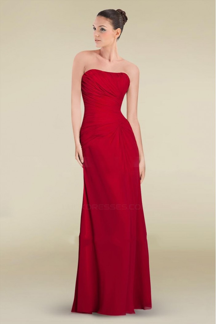 Sheath/Column Strapless Floor-Length Red Chiffon Bridesmaid Dresses ...