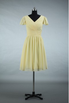 A-Line Short Sleeve V-Neck Yellow Chiffon Bridesmaid Dresses/Evening Dresses BD010511