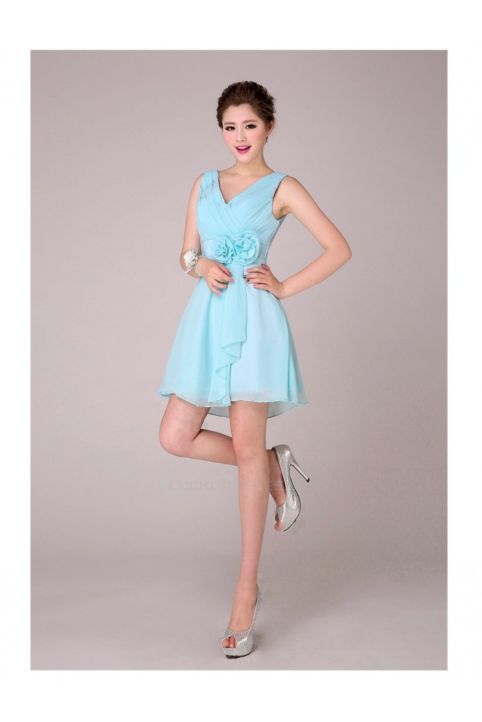 A-Line V-Neck Short Blue Chiffon Bridesmaid Dresses/Evening Dresses BD010568