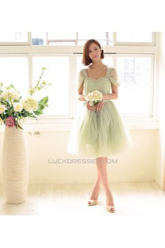 Short Cap-Sleeve Tulle Green Bridesmaid Dresses/Evening Dresses BD010590