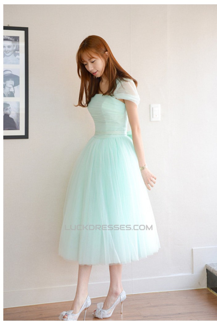 Short Cap-Sleeve Tulle Blue Bridesmaid Dresses/Evening Dresses BD010592