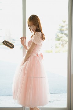 Short Cap-Sleeve Tulle Pink Bridesmaid Dresses/Evening Dresses BD010593