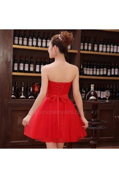 A-Line Strapless Short Red Tulle and Lace Bridesmaid Dresses/Evening Dresses BD010604