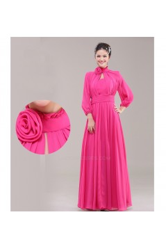A-Line High Neck Long Sleeve Pink Chiffon Bridesmaid Dresses/Evening Dresses BD010622