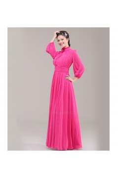 A-Line High Neck Long Sleeve Pink Chiffon Bridesmaid Dresses/Evening Dresses BD010622