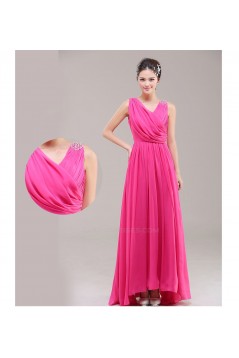 A-Line V-Neck Beaded Chiffon Long Pink Bridesmaid Dresses/Evening Dresses BD010627
