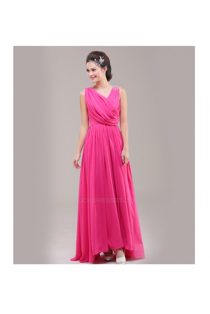 A-Line V-Neck Beaded Chiffon Long Pink Bridesmaid Dresses/Evening Dresses BD010627