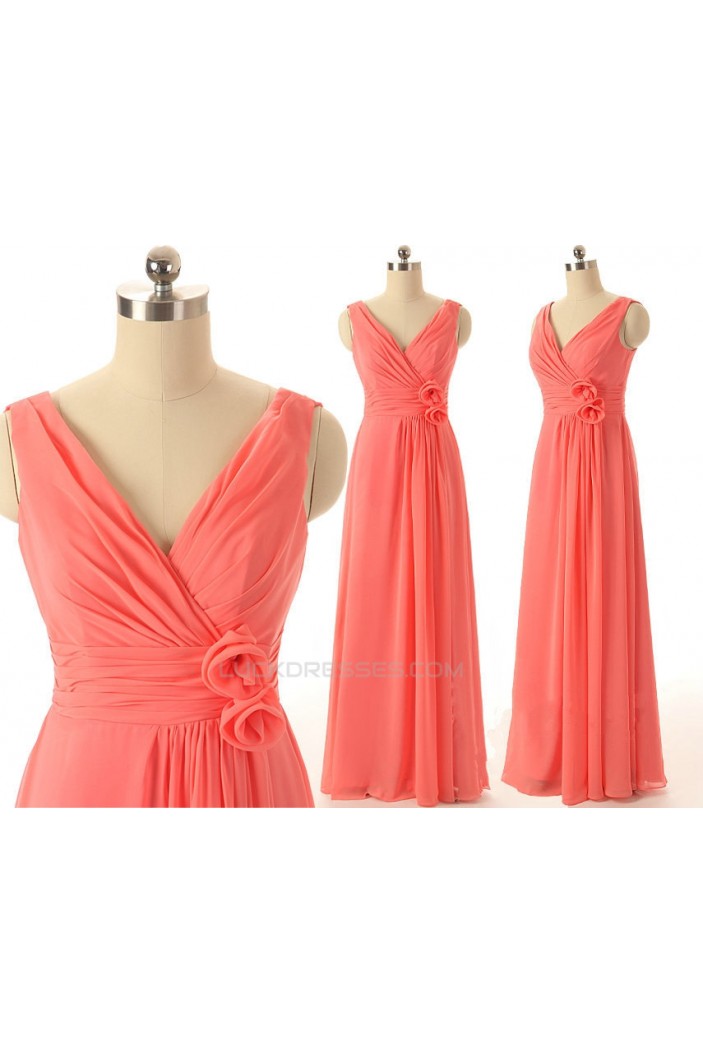 A-Line V-Neck Long Watermelon Chiffon Bridesmaid Dresses/Wedding Party Dresses BD010710