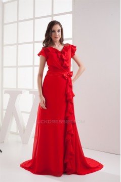 Brush Sweep Train V-Neck Chiffon Silk like Satin Long Red Bridesmaid Dresses with Sleeves 02010010