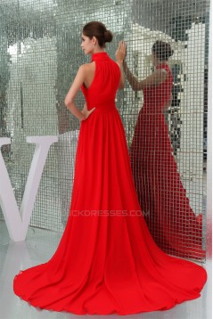 A-Line High-Neck Sleeveless Ruffles Long Red Chiffon Bridesmaid Dresses 02010012