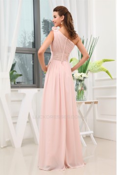 A-Line One-Shoulder Floor-Length Long Pink Chiffon Bridesmaid Dresses 02010016