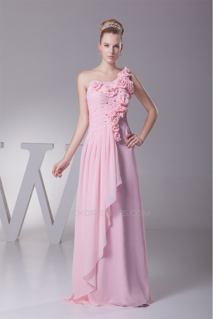 One-Shoulder Chiffon A-Line Long Pink Beaded Bridesmaid Dresses 02010067