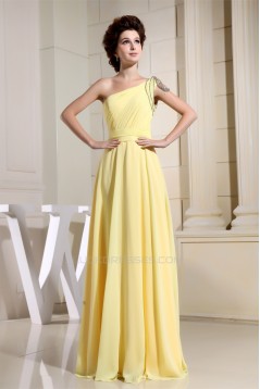 A-Line One-Shoulder Ruffles Floor-Length Chiffon Long Yellow Bridesmaid Dresses 02010072